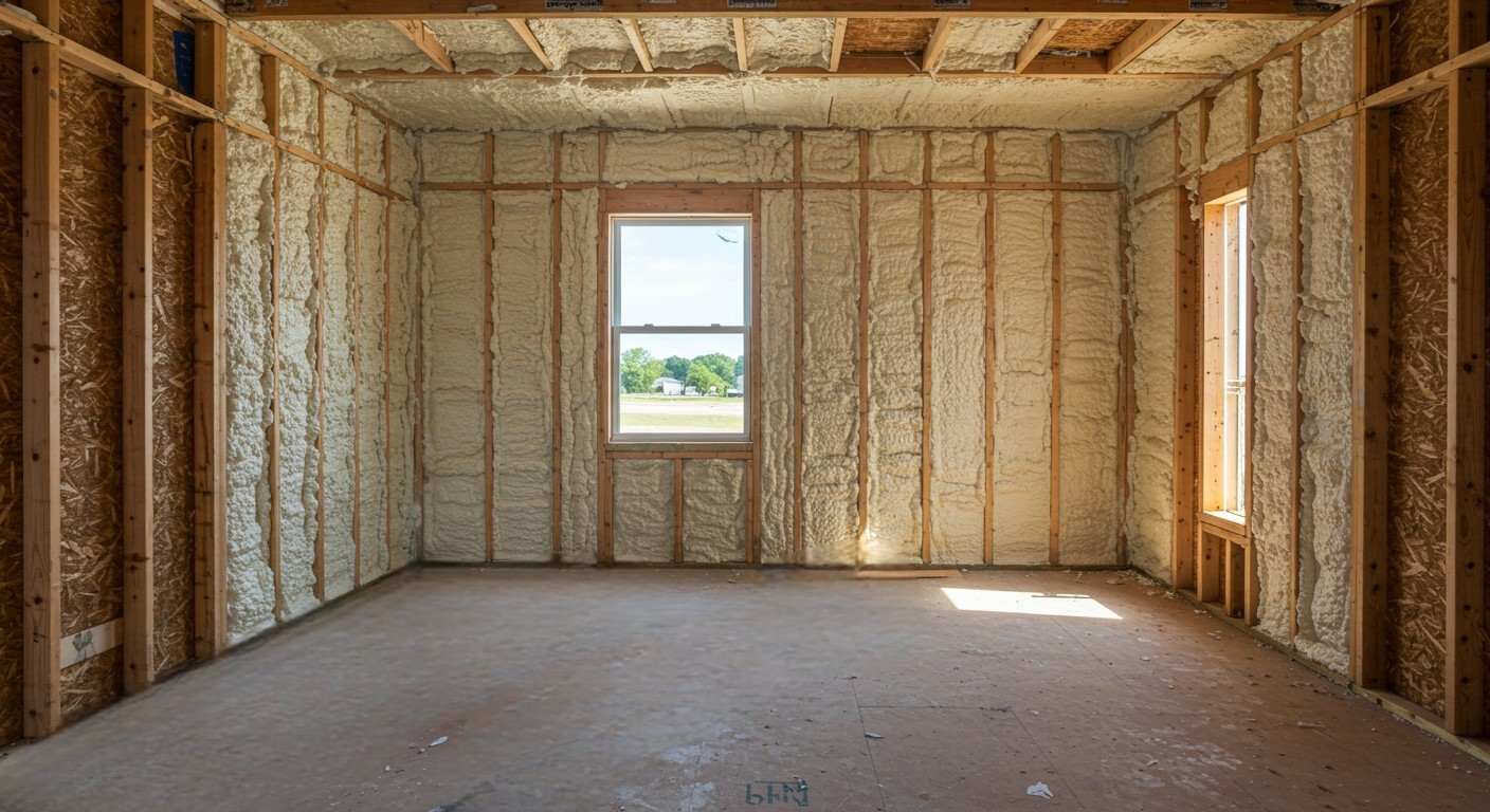 a room with a window and a wall of foam
